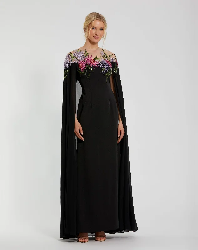 Black Sheer Cape Gown with Beaded Embroidery