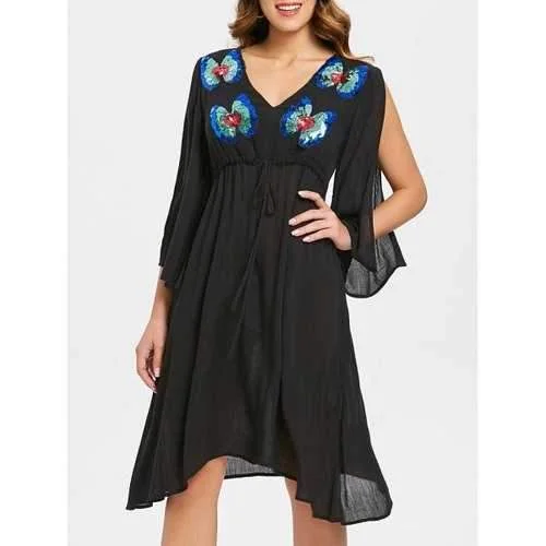 Butterflies Sequined Split Sleeve Chiffon Dress - Black 2xl