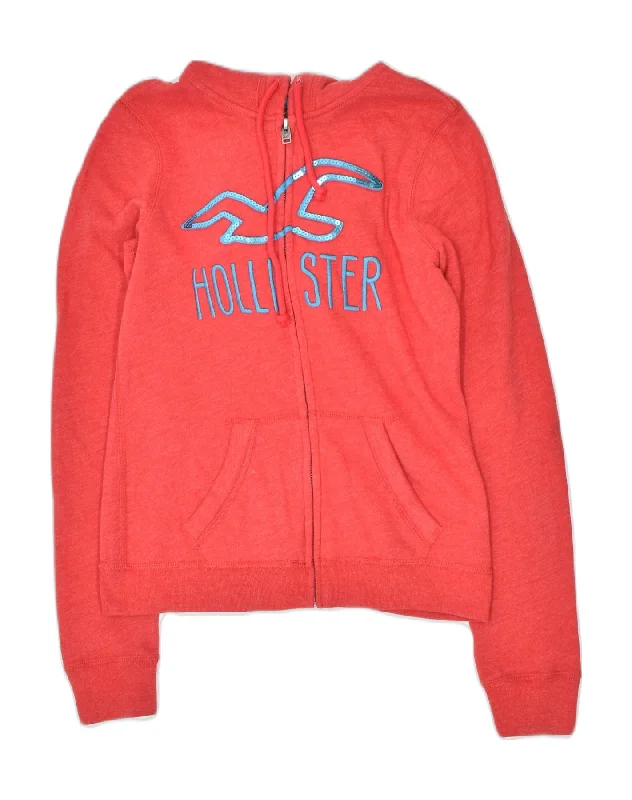 HOLLISTER Womens Graphic Zip Hoodie Sweater UK 10 Small Red Cotton