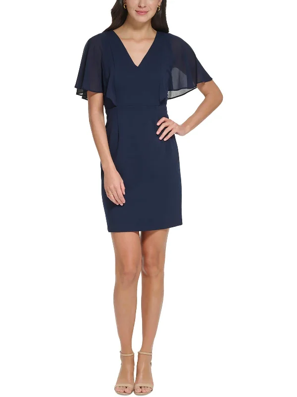 Petites Womens V Neck Mini Sheath Dress