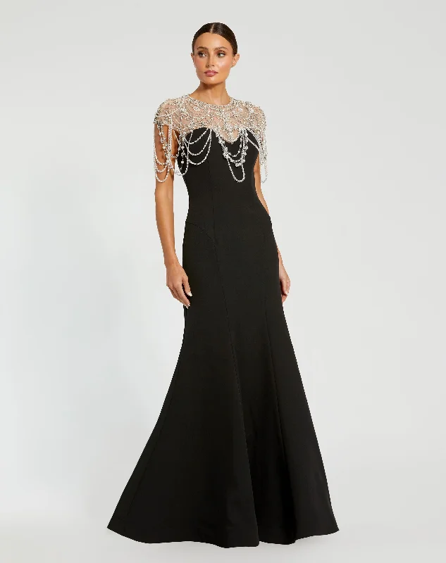 Black Draped Pearl Beaded Mermaid Gown