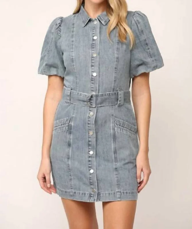 Puffed Sleeve Denim Dress In Blue