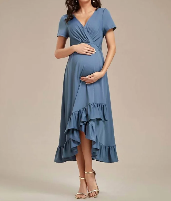 High Low Ruffles Maternity Dress In Dusty Navy