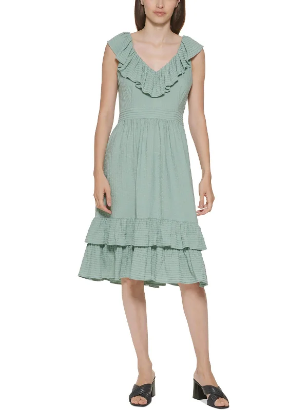 Womens Ruffled V Neck Midi Dress