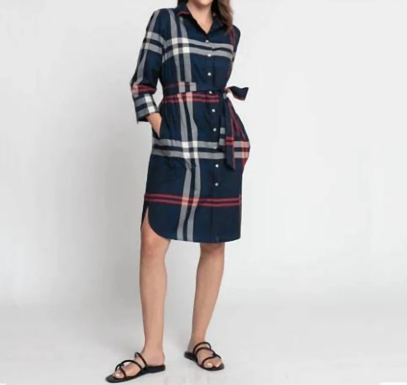 Kathleen 3/4 Sleeve Stretch Cotton Poplin Dress In Navy Plaid