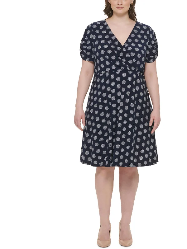 Plus Womens Medallion Print Tulip Sleeves Wrap Dress