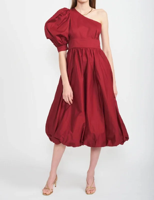 Cotton Poplin One Shoulder Midi Dress In Burgundy