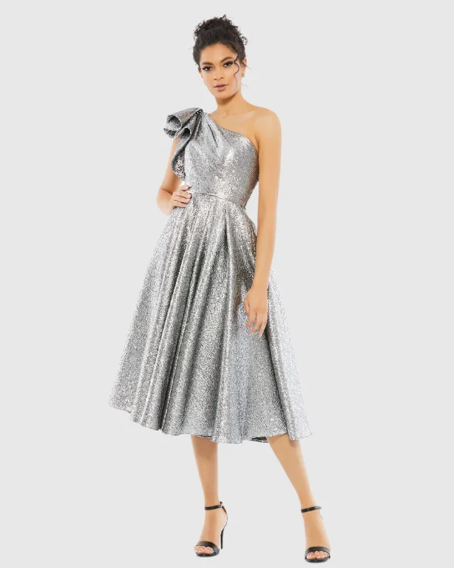 Silver One Shoulder Bow Midi Dress