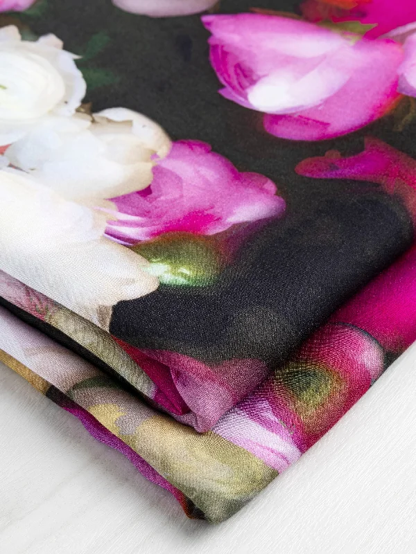 Dreamy Peony Print EcoVero Challis - Dark Green + Rose + Cream