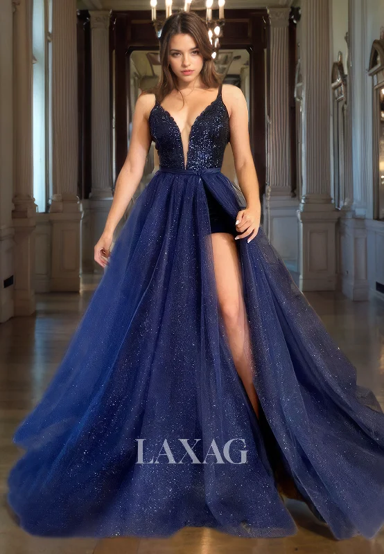 17790 - Attractive V-Neck Sequin Long Prom Dress with Slit