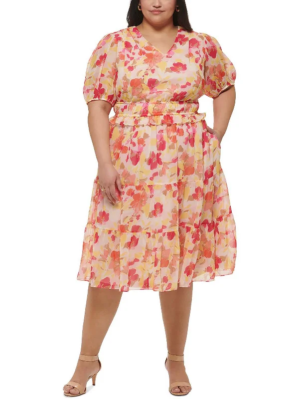 Plus Womens Chiffon Floral Midi Dress