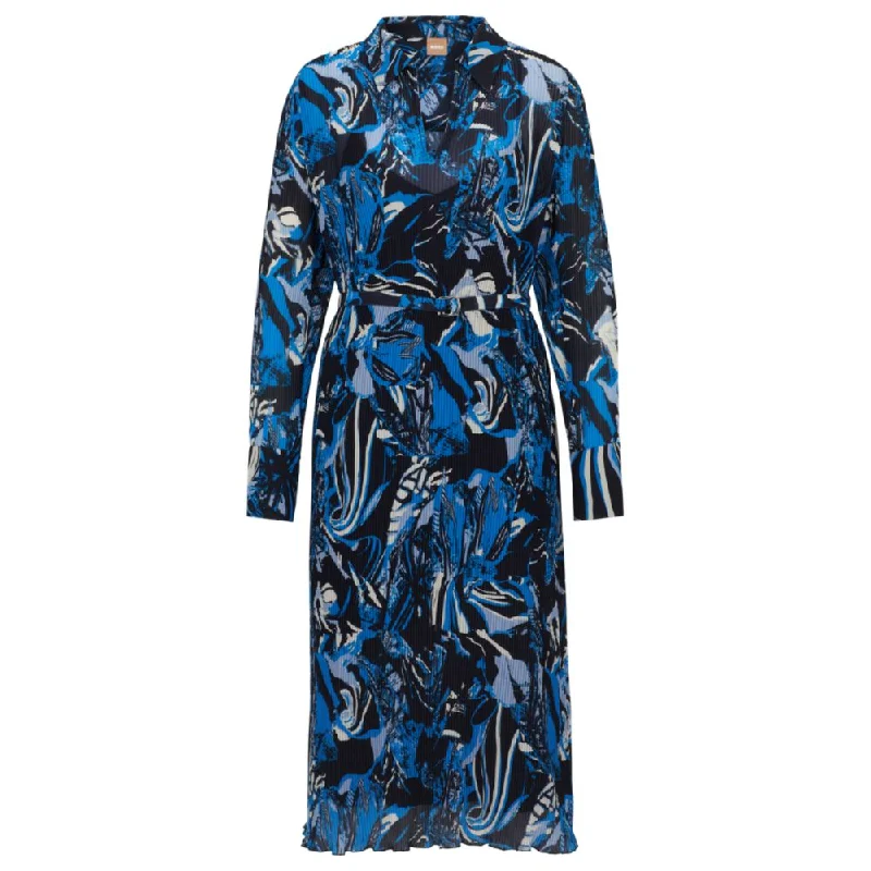 Seasonal-print dress with belt and V neckline