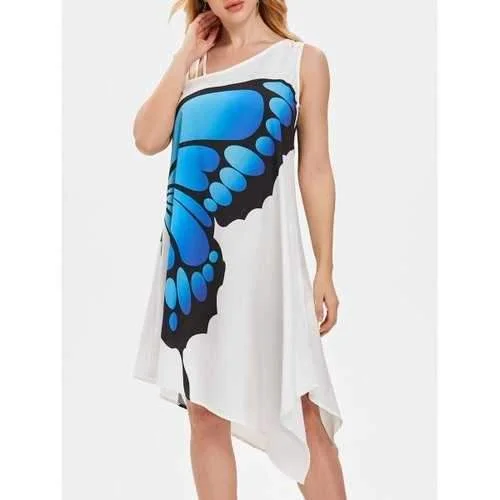 One Shoulder Asymmetrical Butterfly Print Dress - White M