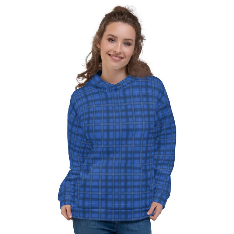 Royal Blue Plaid Unisex Hoodie, Women's Tartan Plaid Print Women's Sweatshirt-Made in EU/MX