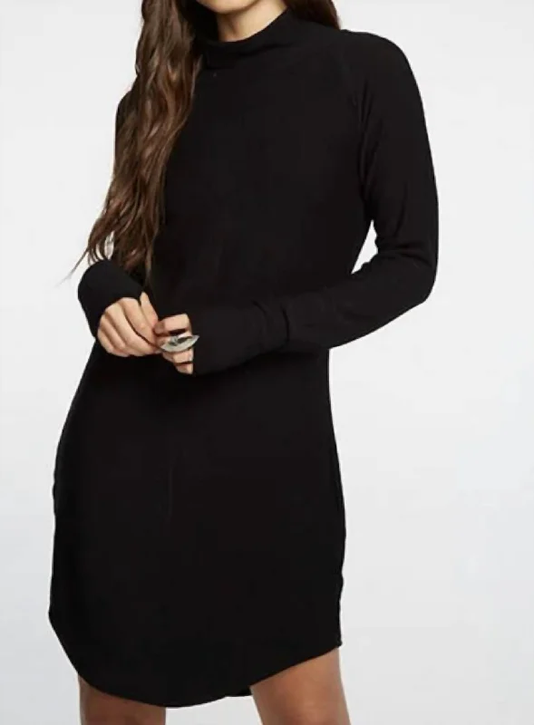 Cozy Knit L/s/ Raglan Turtleneck Shirttail Mini Dress In Black