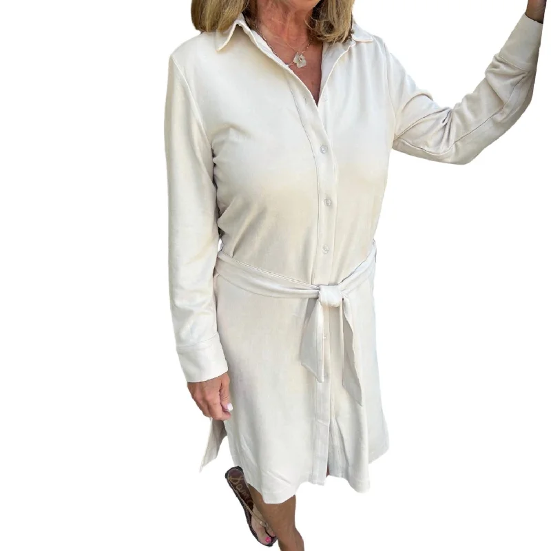 Faux Suede Shirt Dress In Ivory