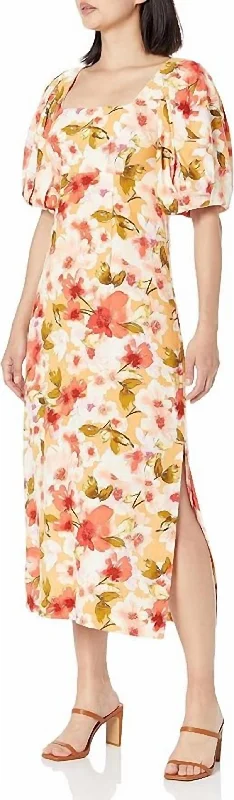 Floral Print Pleated Puff Sleeve Midi Dress In Orange Multi