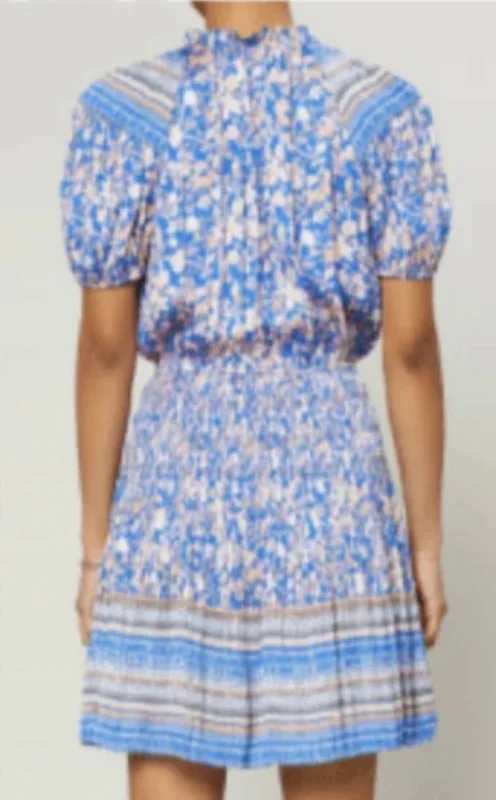 Border Printed S-Slv Ruffled Split Neck W/ Tie Mini Dress In Blue Floral Multi