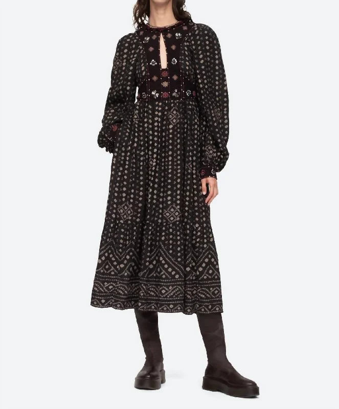 Maja Embroidery Long Sleeve Dress In Black