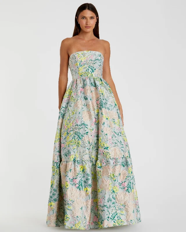 Floral Brocade Strapless A Line Gown