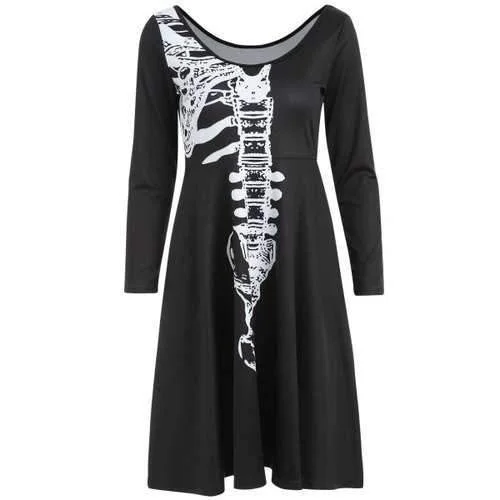 Halloween Skeleton Print A Line Dress - Black S