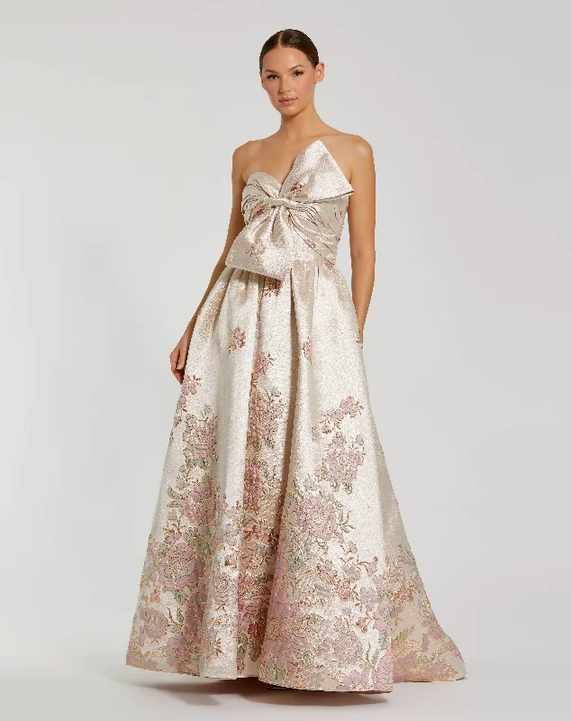 Brocade Strapless Floral Gown With Bow Detail