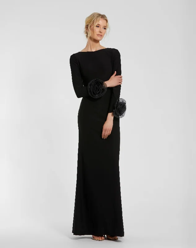 Black Long Sleeve Fitted Jersey Gown With 3D Flowers