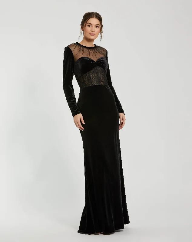 Long Sleeve Sheer Top Lace Bustier Gown