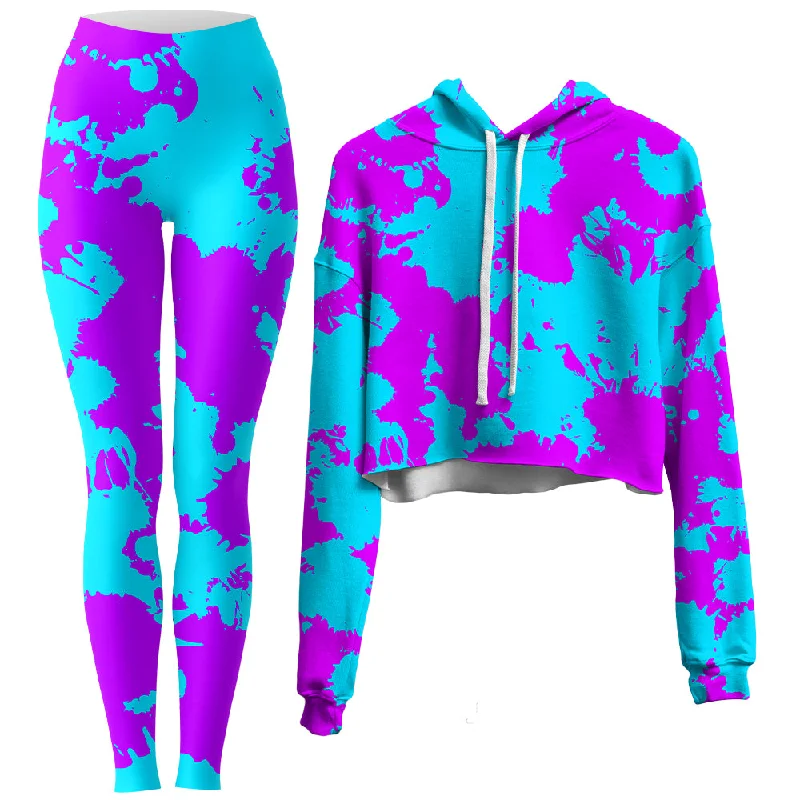 Blue and Purple Paint Splatter Crop Hoodie and Leggings Combo