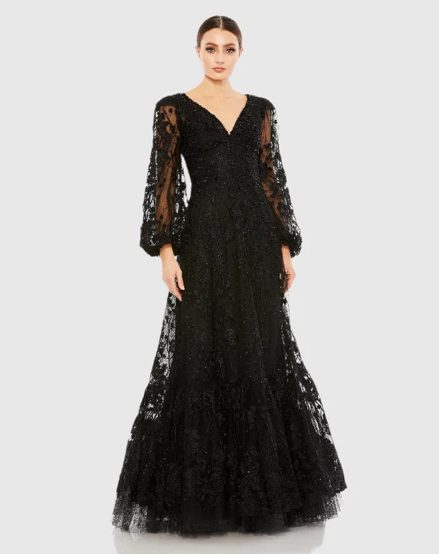 Black Puff Sleeve A-Line Embroidered Gown