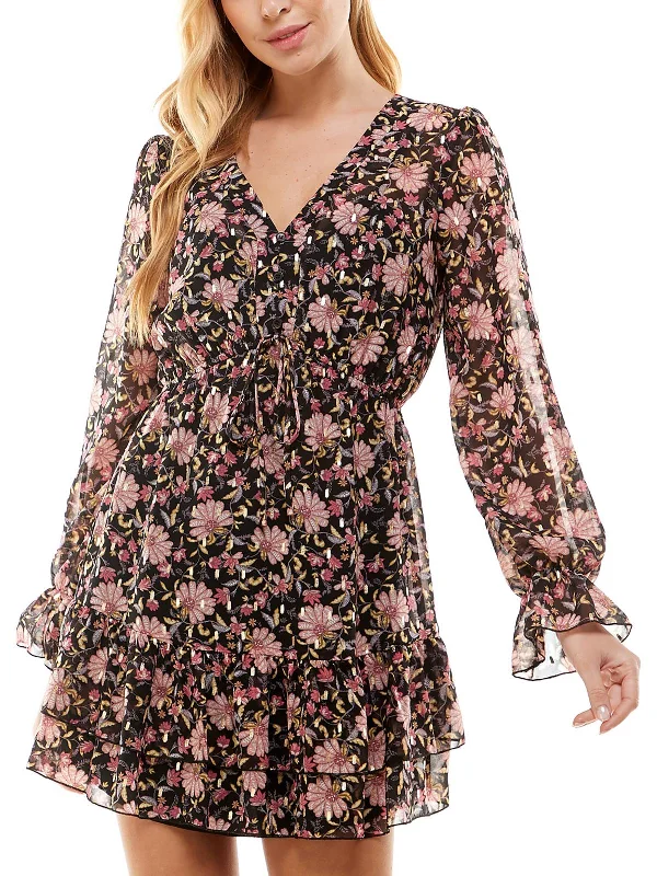 Womens Floral Ruffled Fit & Flare Dress