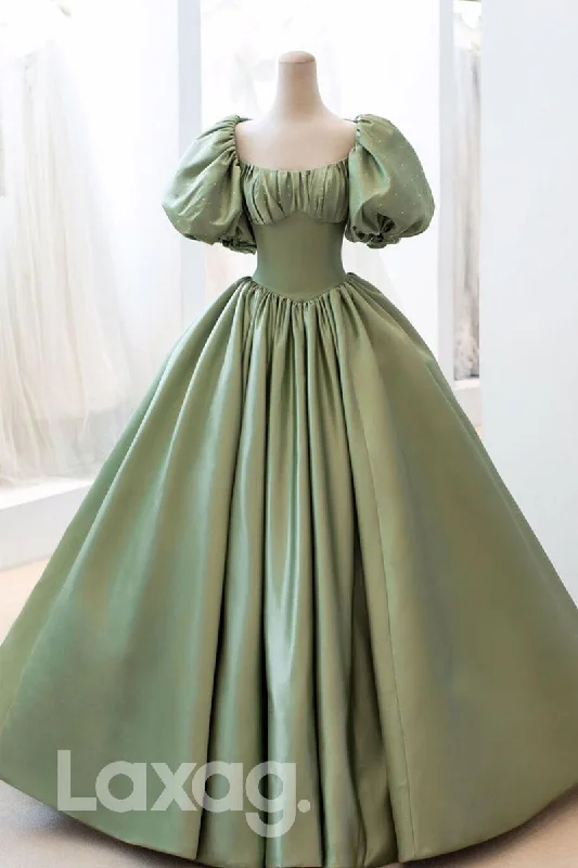 17760 - Scoop Short Sleeves Green Satin Long Prom Ball Gown