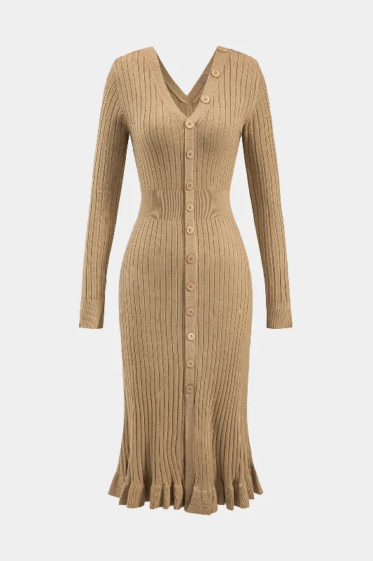 Knit Button V-Neck Long Sleeve Dress