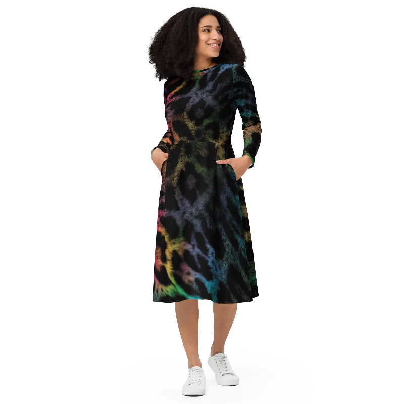 Rainbow Jaguar All-over print long sleeve midi dress