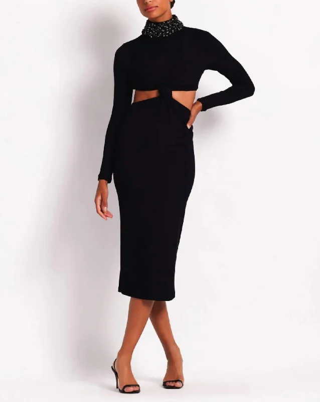 Beaded Collar Midi Dress In Black