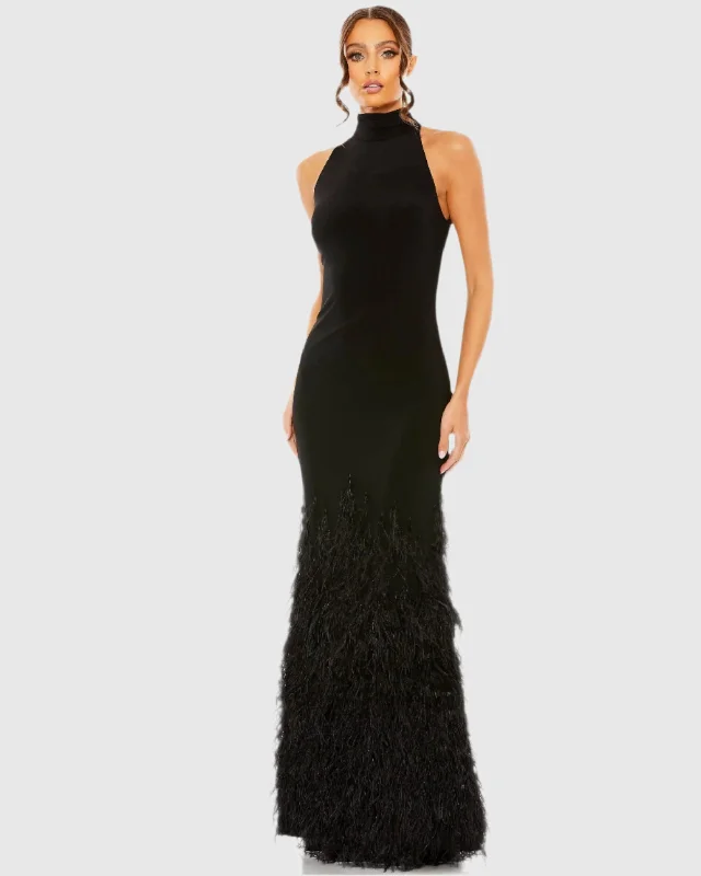 Jersey Halter Gown with Feather Tiered Detail