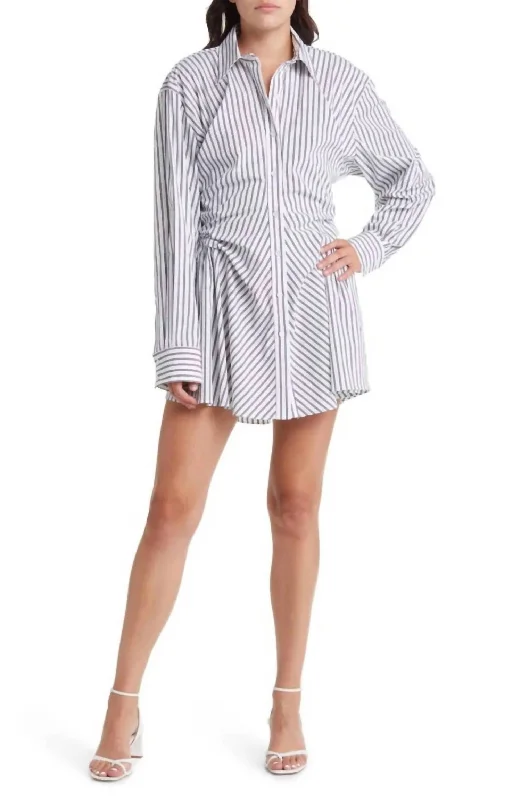 Striped Shirred Ruched Shirt Dress In White/black