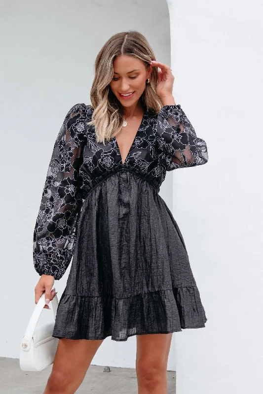 Black Floral Sheer Sleeve Textured Mini Dress - FINAL SALE