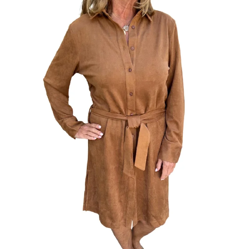 Faux Suede Shirt Dress In Cognac