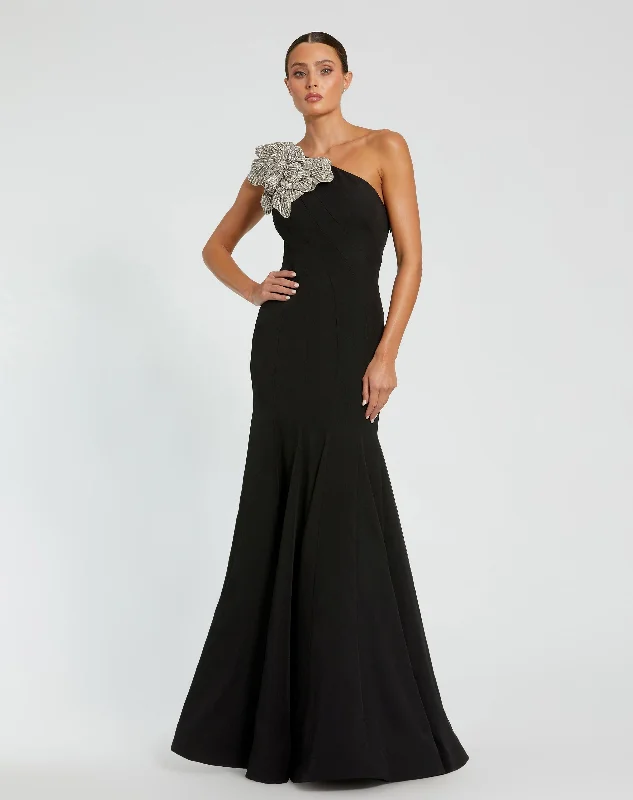 Black Crepe One Shoulder Gown With Flower