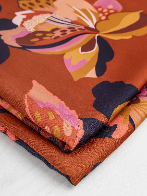 Large Floral Print EcoVero Challis - Mahogany + Ochre + Lilac