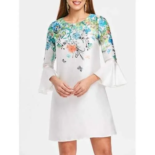 Bell Sleeves Floral Print Dress - White M