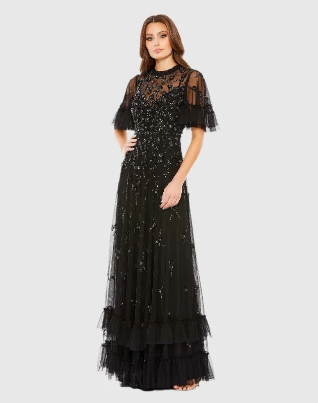 Black Ruffled Floral Embellished Flutter Sleeve A-Line Gown