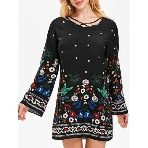 Floral Long Sleeve Casual Dress - Black M