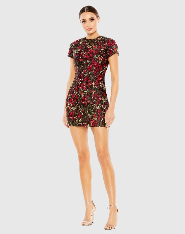 Floral Brocade Cap Sleeve Fitted Dress