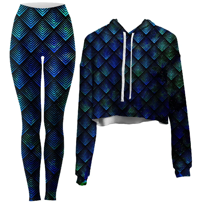 Galactic Dragon Scale Teal Crop Hoodie and Leggings Combo