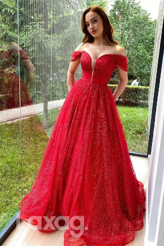 17776 - Off Shoulder A-line Red Sparkly Formal Evening Dress