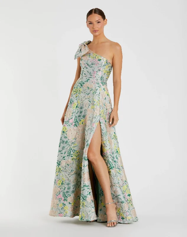 One Shoulder Brocade Gown With Bow Detail