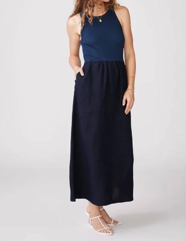 Linen Mixed Media High Neck Dress In New Navy