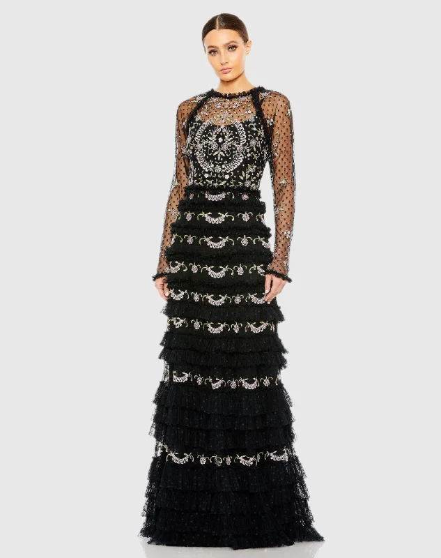 Black Mesh Polka Dot Long Sleeve Floral Ruffle Tired Gown